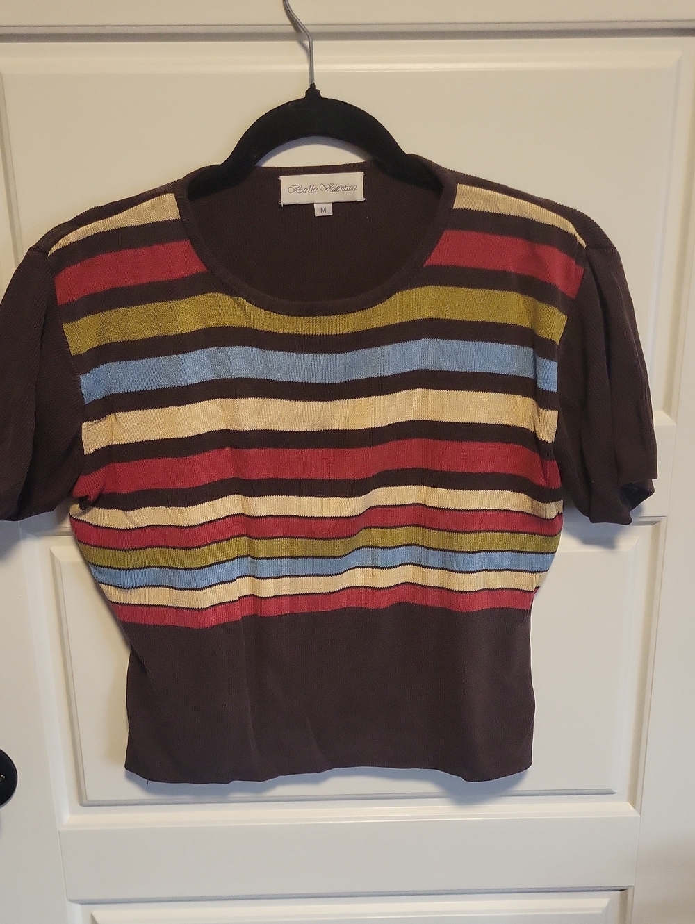 Valentina Brown Short-Sleeve Striped Knit Top with Red, Olive & Light Blue Bands